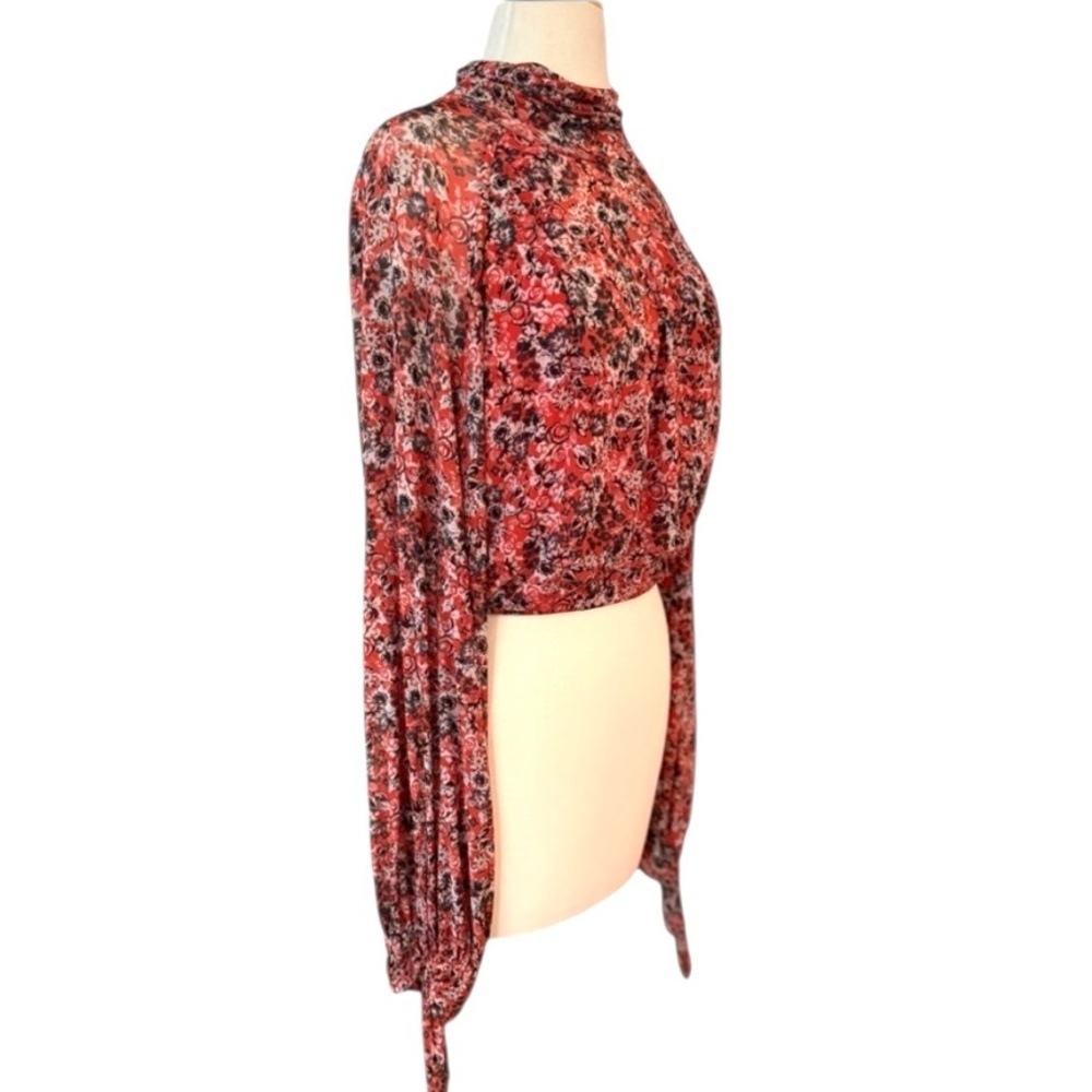 Free People All Dolled Up Top Red Combo Open Back Sheer Tie Cuffs Size Medium - Picture 4 of 13
